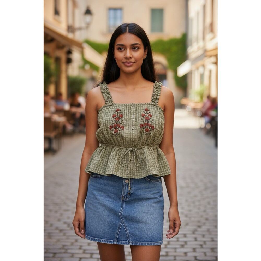 Mine Women’s Olive Green Embroidered Top Medium NWOT Boho Floral Blouse